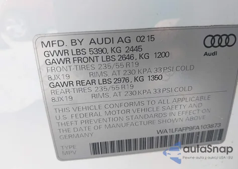 2015 Audi Q5 2.0T Premium from USA, damaged, VIN WA1LFAFP9FA103873